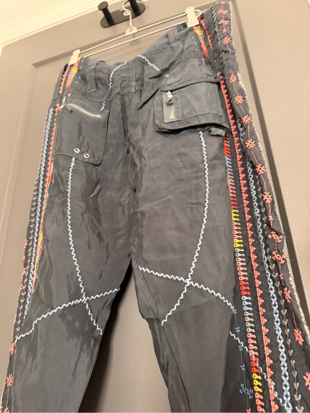 Johnny Was Black Cargo Pants with Multicolor Embroidered Stripes - Picture 6 of 10